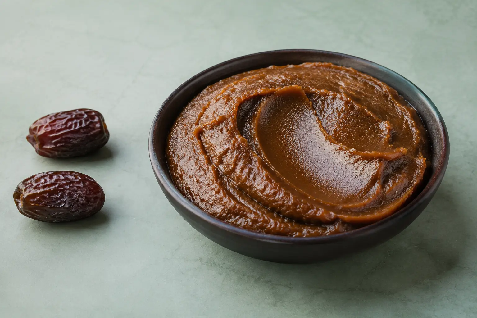 Thick smooth date paste in a ceramic bowl with whole dates