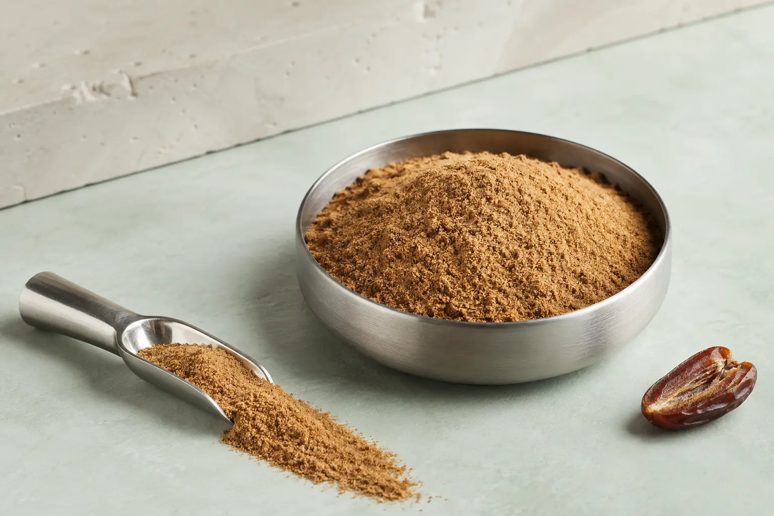 Fine date powder in a brushed-steel bowl with scoop and a split date