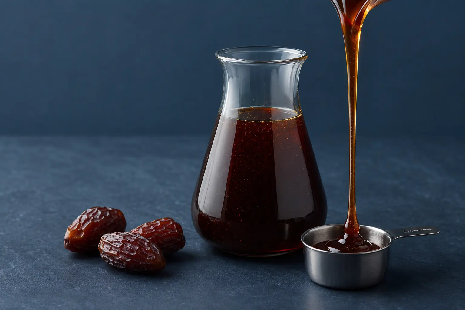 Viscous amber date syrup pouring beside a glass carafe and whole dates